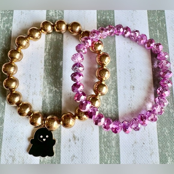 New Halloween Beaded Pink & Gold Tone Adult Size Bracelets w/ Ghost Charm - 8” - Picture 6 of 7